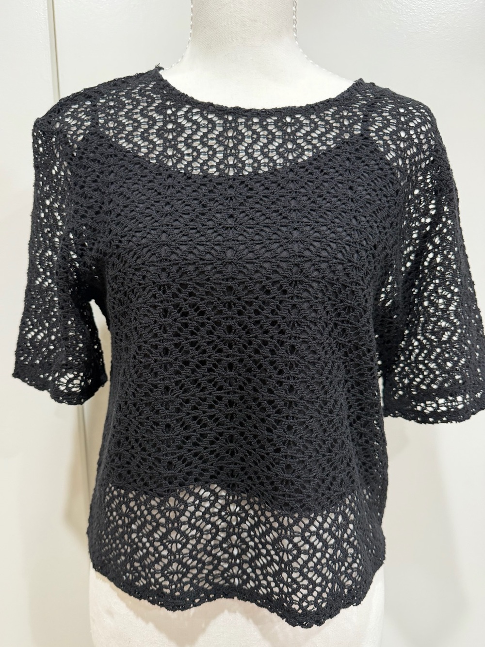 Halogen Black Crochet Short-Sleeve Top